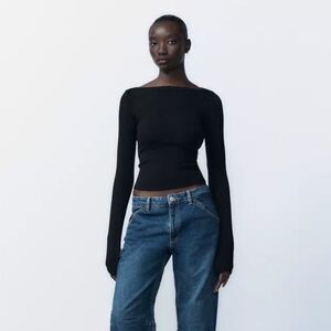 Zara Women's Crop Ribbed Knit Sweater in Black Size SMALL